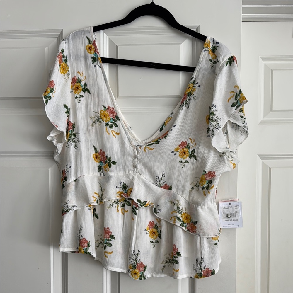 NWT O’Neill Women’s Large Floral Ruffle V-Neck Top - White
